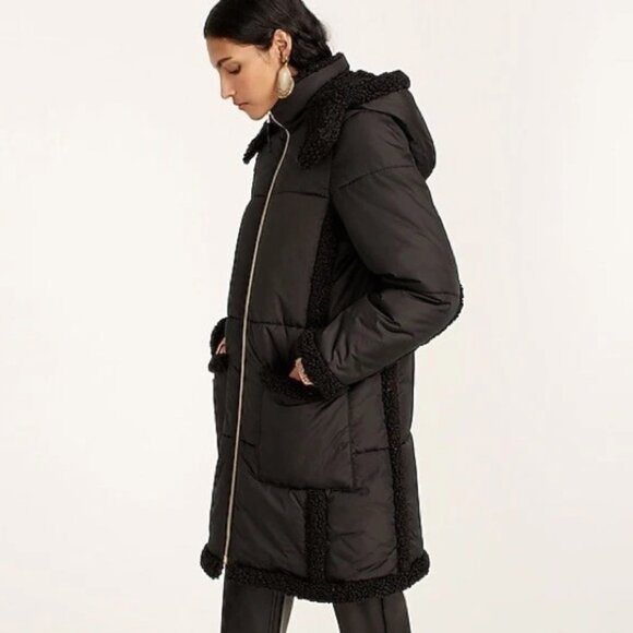 J.CREW SnowDay PrimaLoft Puffer Black Jacket Coat with Sherpa Trim XS P - Picture 2 of 11